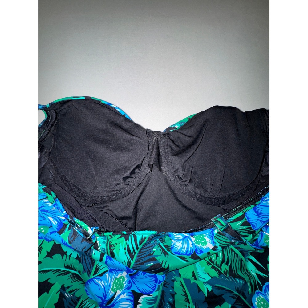 Lands End Tropical Floral Tankini Top Blue Green Hibiscus Underwire Size 12 - Picture 6 of 7